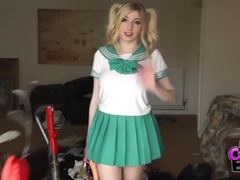 UhFuck presents: Costume babe in a miniskirt fucks a toy outdoors