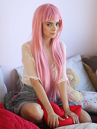 UhFuck presents: Teen sweetheart with a long pink hair gets nude and flashes her gorgeous breasts and pussy